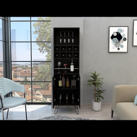 Tuhome Manhattan L Bar Cabinet, Eight Built-in Wine Rack, Two Cabinets With Single Door, Black BLW6474